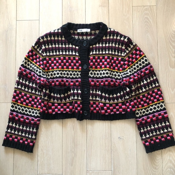 Zara Jacquard Multicolored Cropped Pocket Cardigan Jacket Size L - Picture 2 of 11